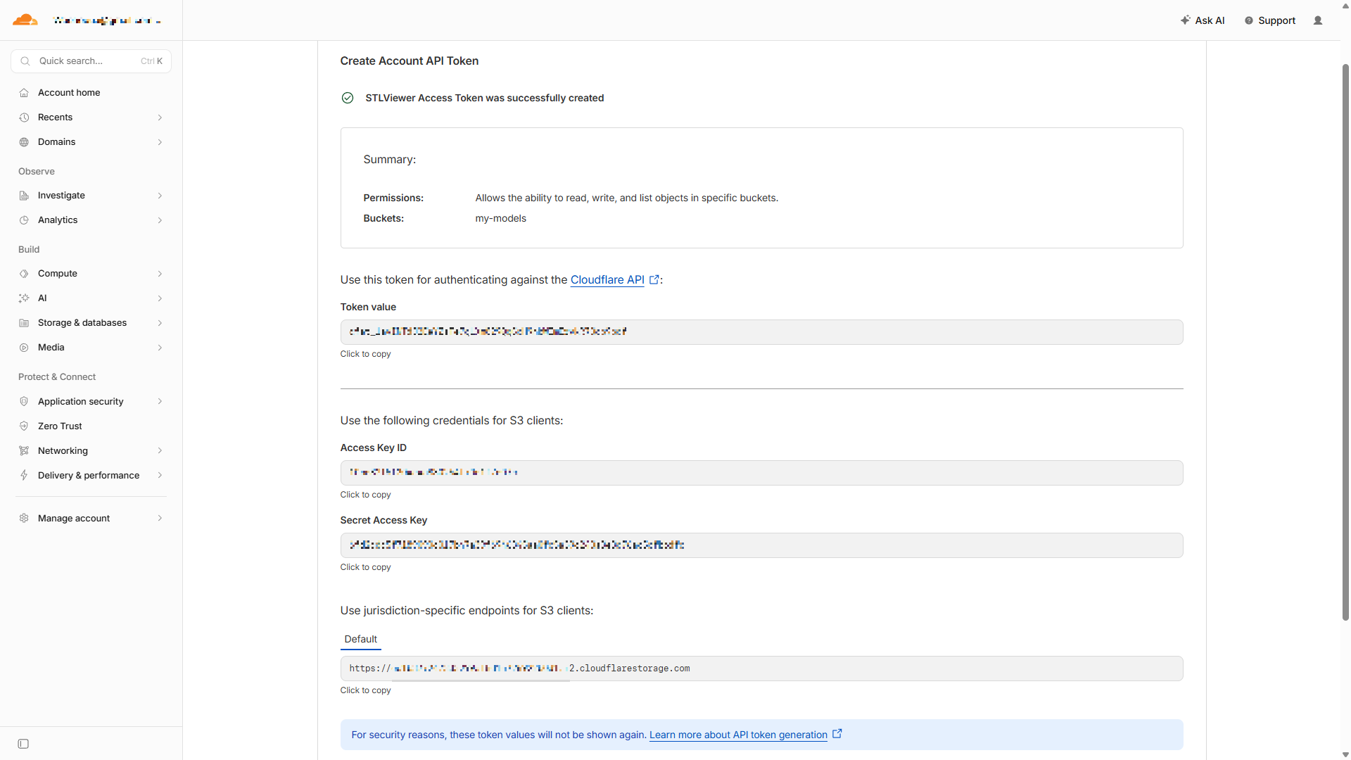 Cloudflare R2 API token result screen showing the Access Key ID and Secret Access Key to copy