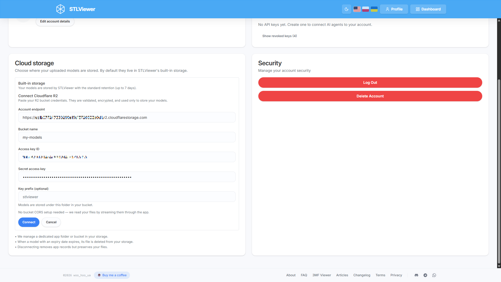 STLViewer Profile page showing the Connect Cloudflare R2 form filled with example values