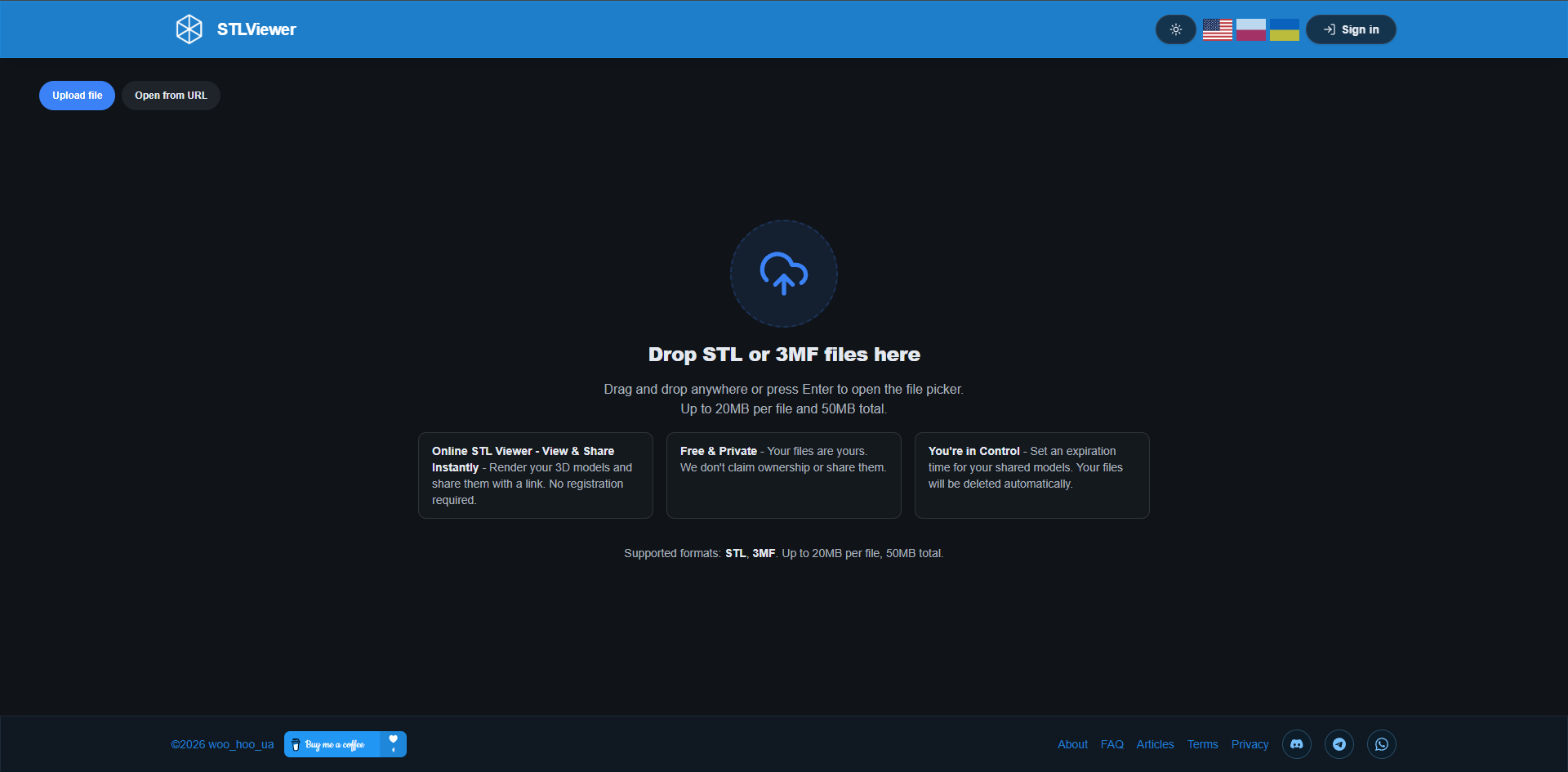 Homepage upload zone — drag an STL or 3MF file onto the page to start STLViewer.online homepage showing the drag-and-drop upload zone for STL and 3MF files